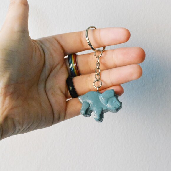 Handmade Blue Triceratops Dinosaur Keychain Recycled Accessory - Picture 3 of 4